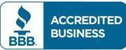 BBB Accredited Business logo, blue and white, with a torch symbol.