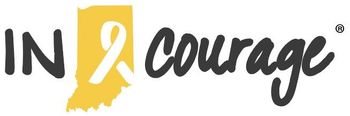 The logo for in 2 courage is yellow and black with a white ribbon.