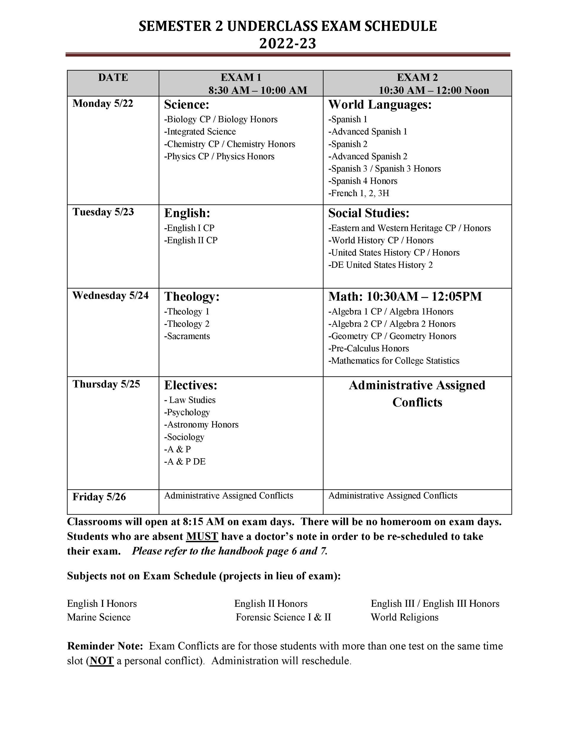 Semester Exam Schedules