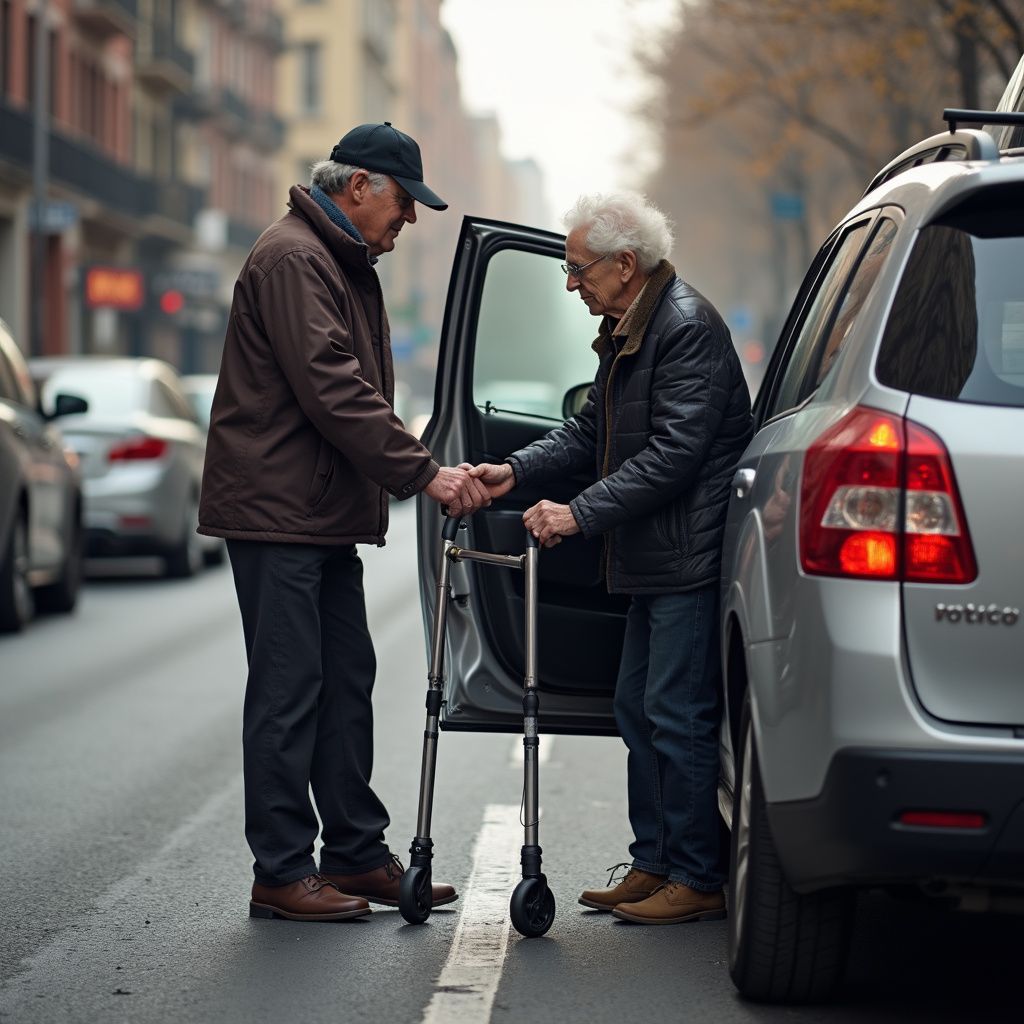 Man helps another with a walker into a car parked on a city street.