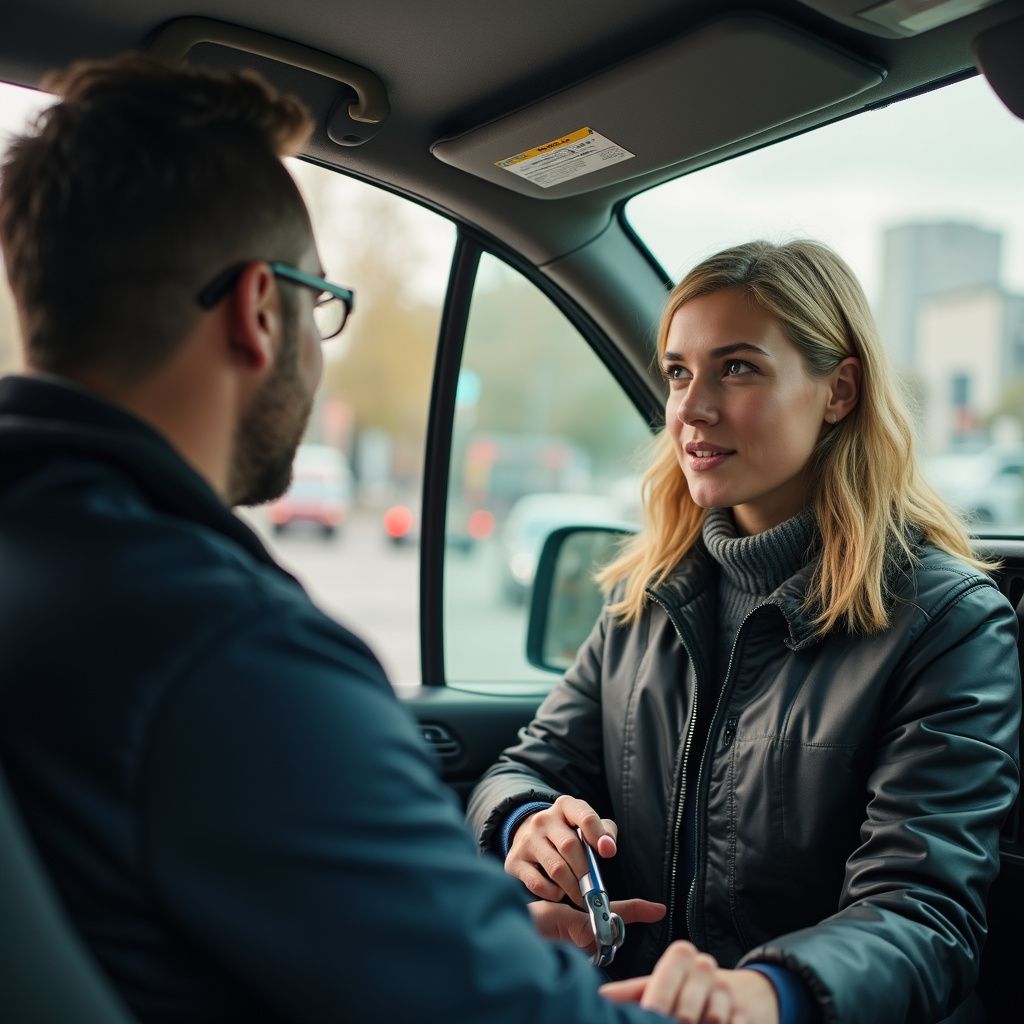 Woman in black jacket talking to person in driver's seat of car. City street visible through windows.