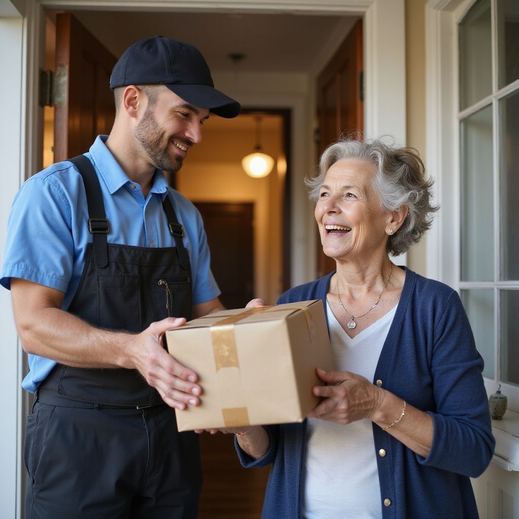 Delivery person hands a cardboard box to an older person at a front door; both are smiling.