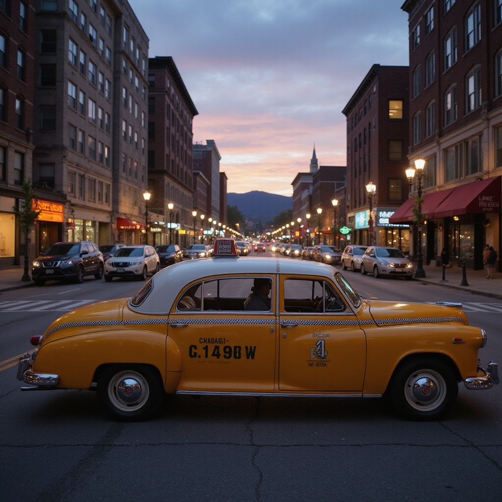 Yellow vintage taxi on a city street at dusk, flanked by buildings and streetlights.