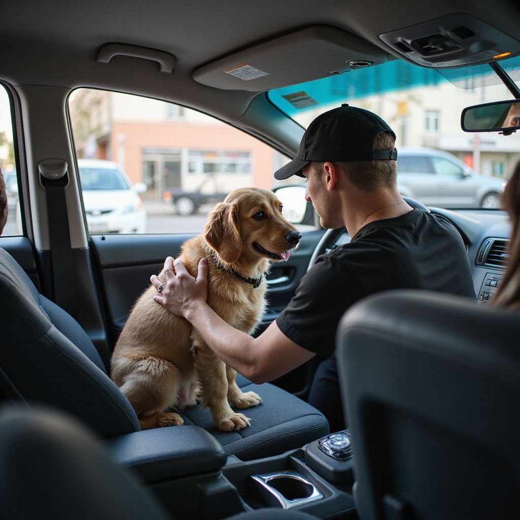 Man in car petting a golden retriever; city street in background.