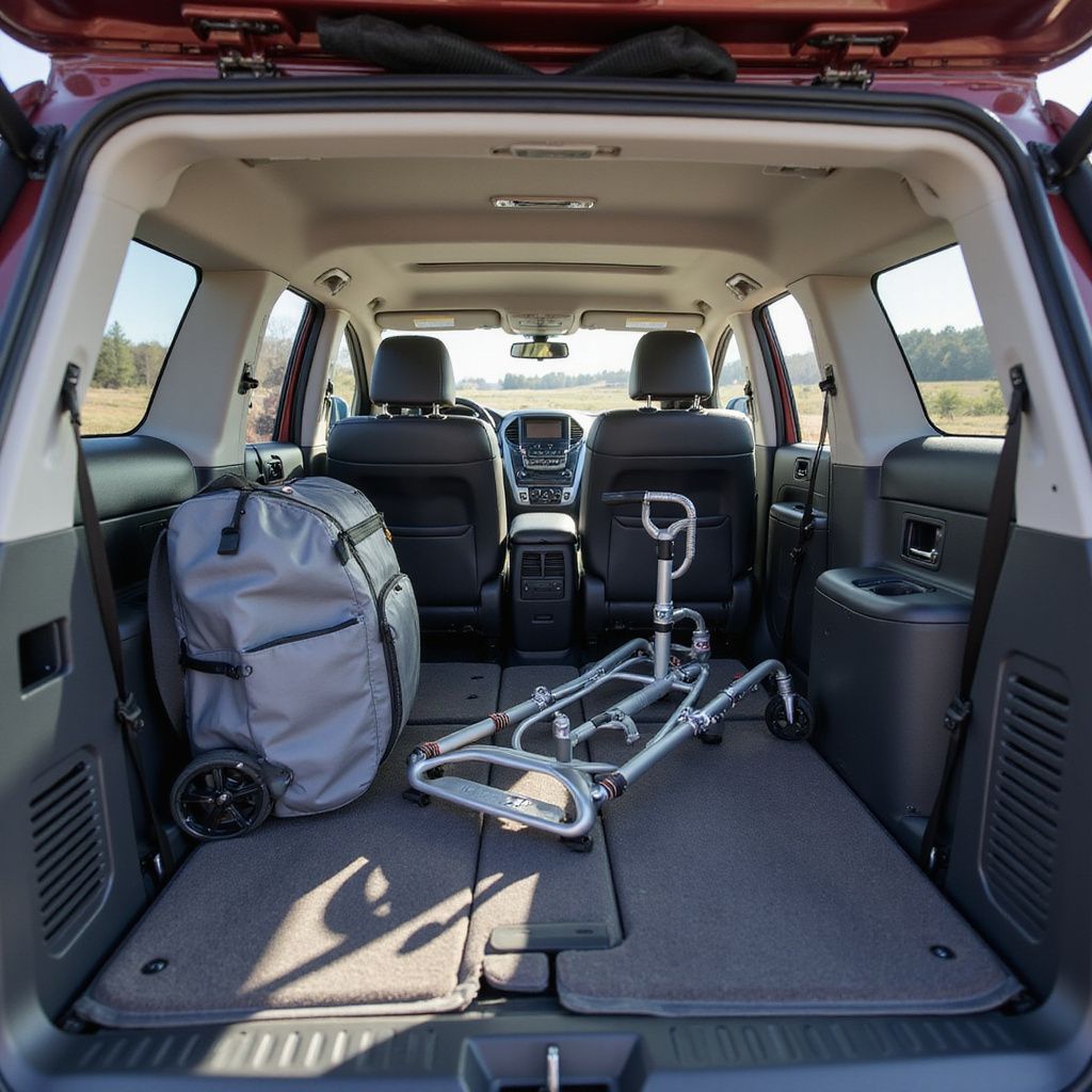 Open car trunk with foldable walker and a gray bag on the floor.