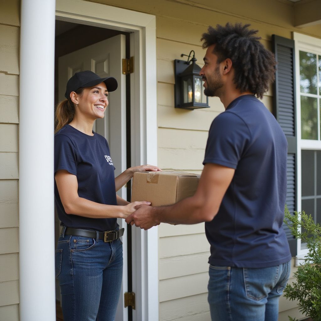 A delivery person handing a cardboard box to a person at a front door.