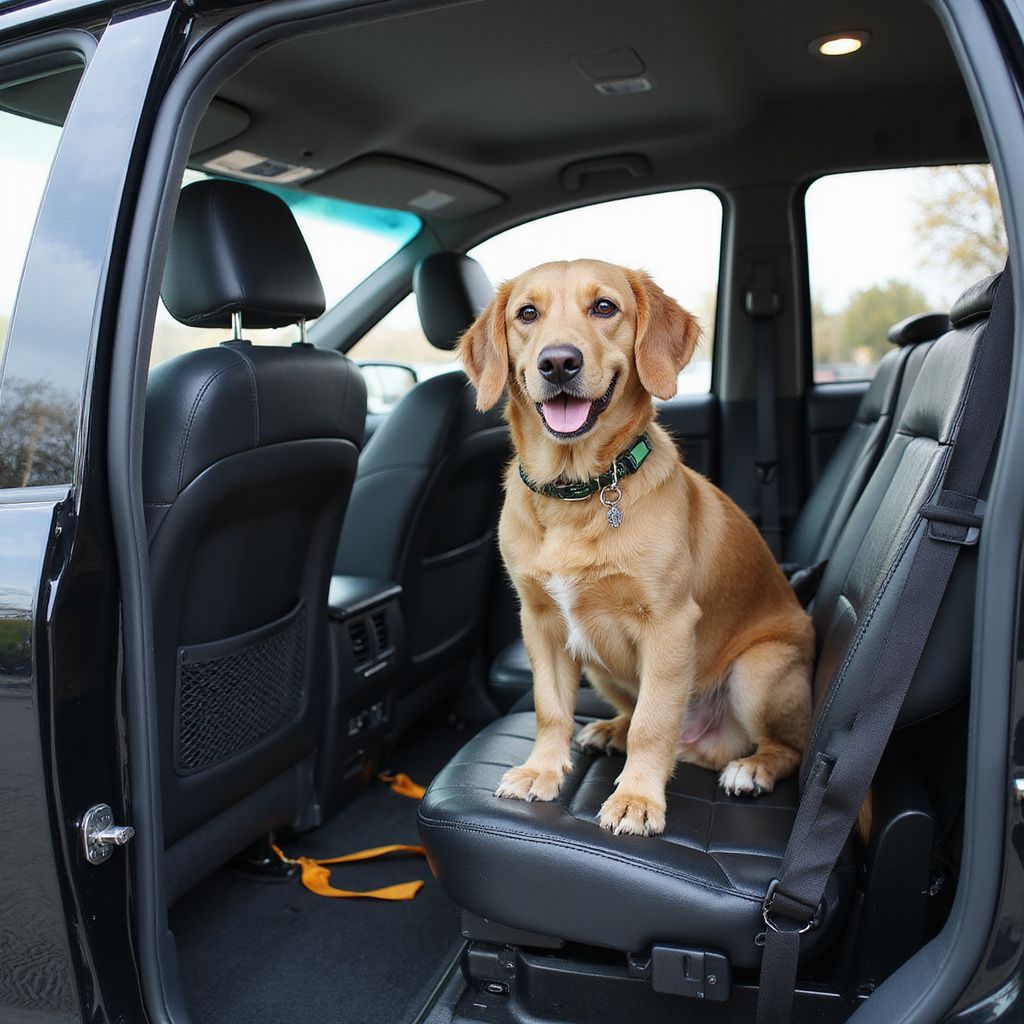 A smiling dog sits secured in the back seat of a black car with a seat belt.