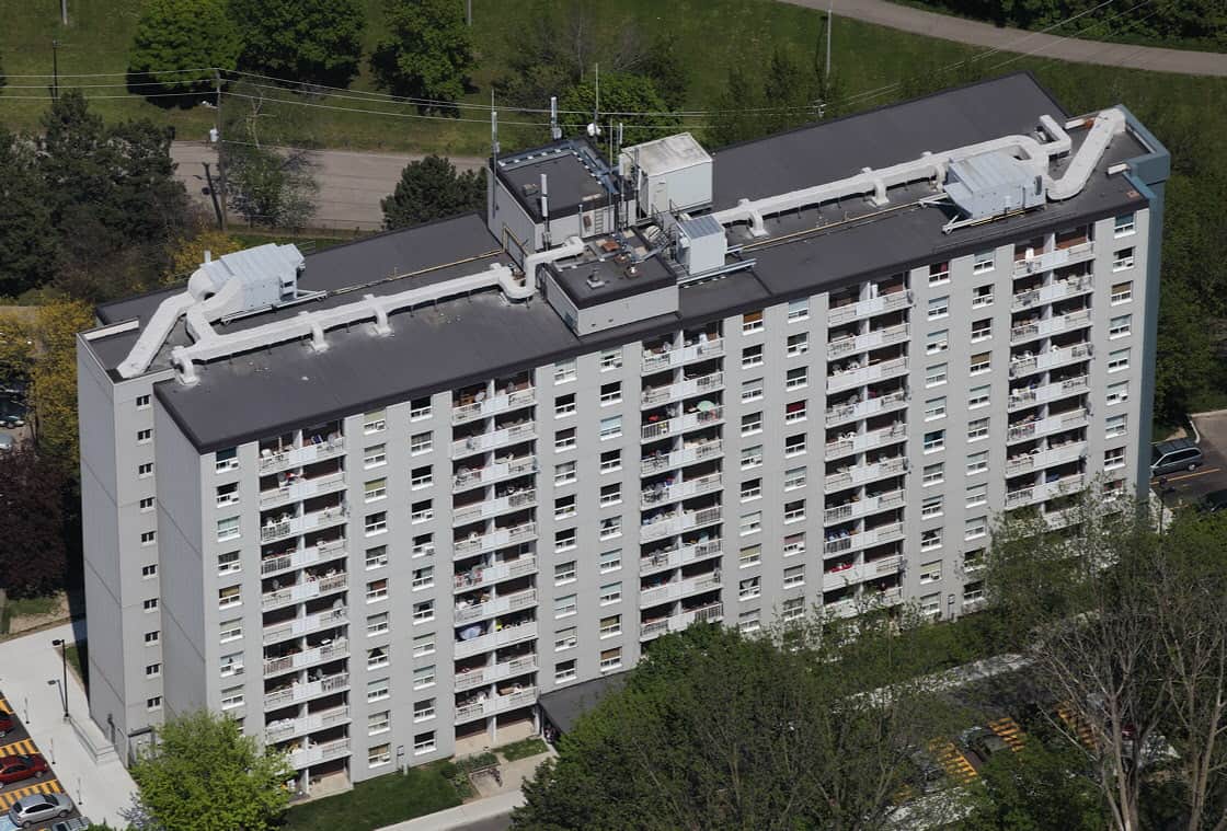 An aerial view of a large building with a lot of windows