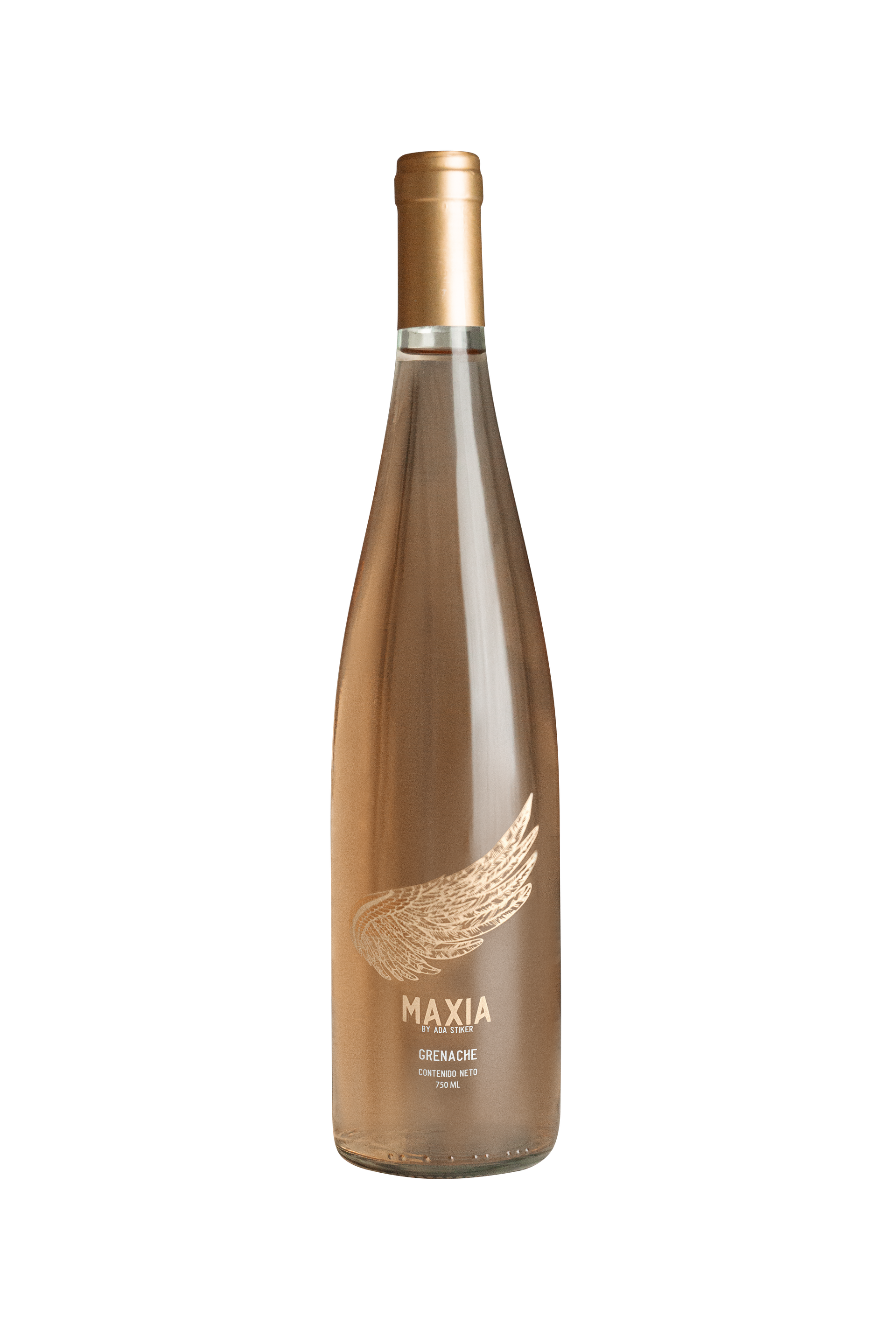 Botella de vino rosado maxia con diseño de ala dorada en la etiqueta.