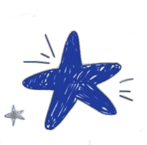 A large, scribbled dark blue star flanked by smaller motion lines, with a tiny, glittery star icon in the bottom left.