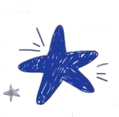 A large, scribbled dark blue star flanked by smaller motion lines, with a tiny, glittery star icon in the bottom left.
