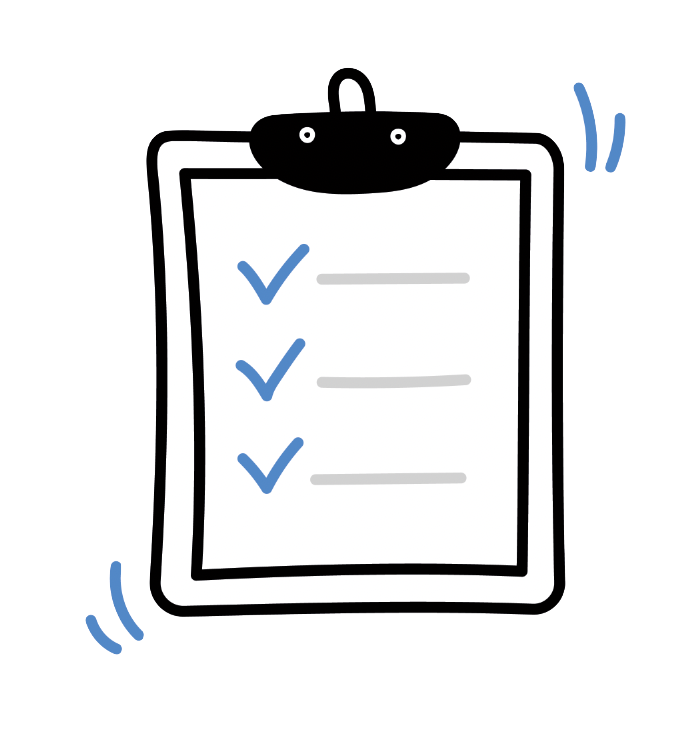 A hand-drawn clipboard with three blue checkmarks next to gray horizontal lines.