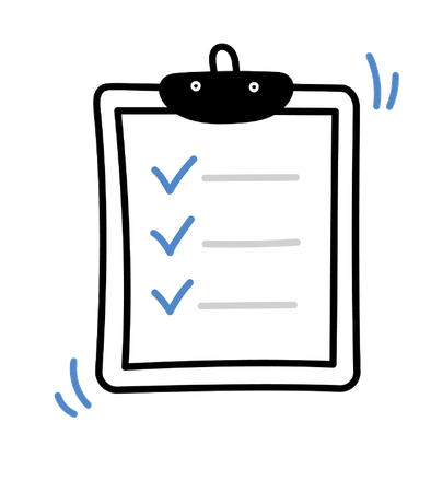 A hand-drawn clipboard with three blue checkmarks next to gray horizontal lines.