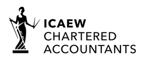 Logo for ICAEW Chartered Accountants, featuring a stylized graphic of a figure holding scales next to the text.