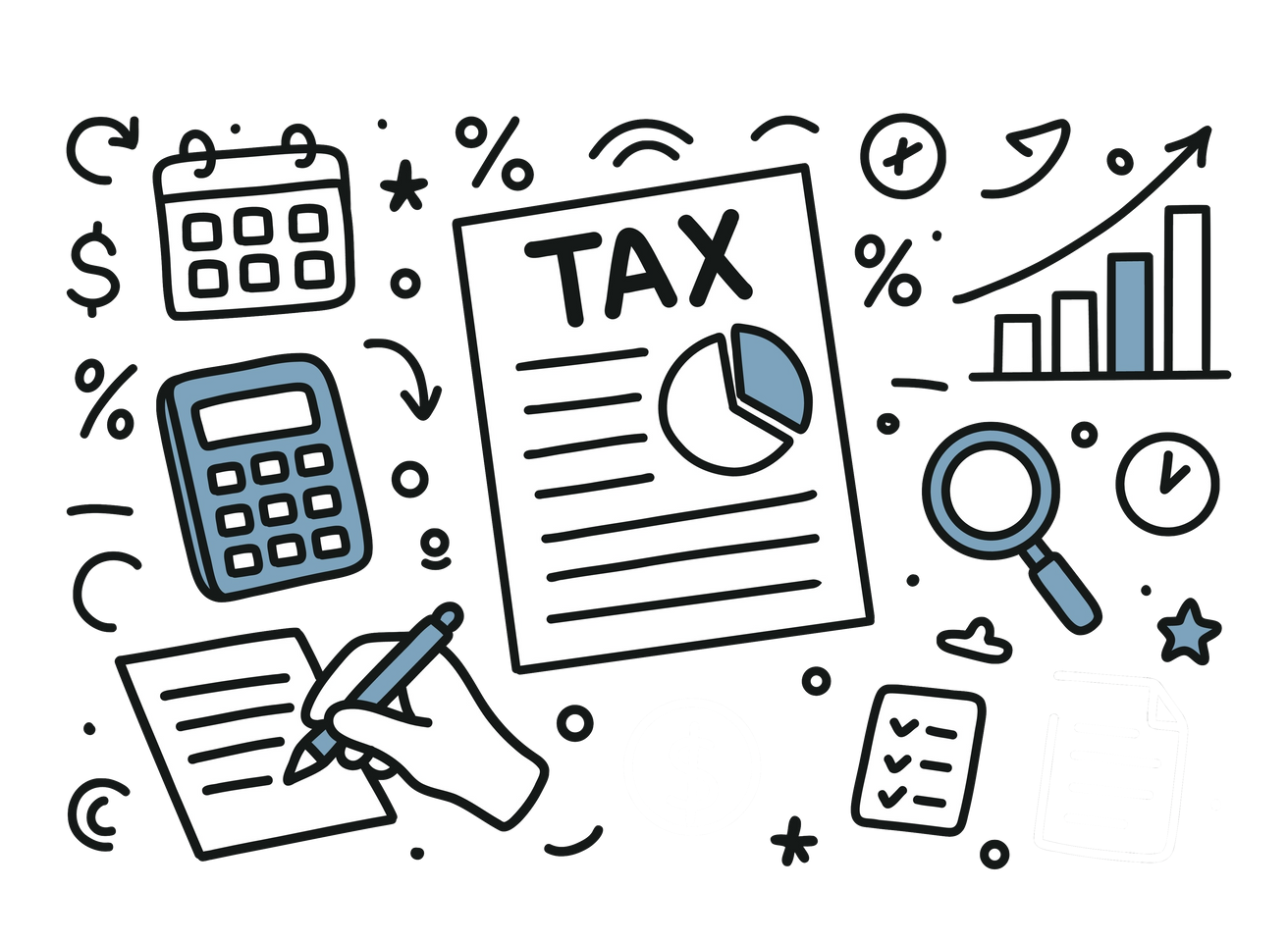 A line-art illustration of tax-related icons, including a tax document, calculator, bar chart, and a hand writing on paper.