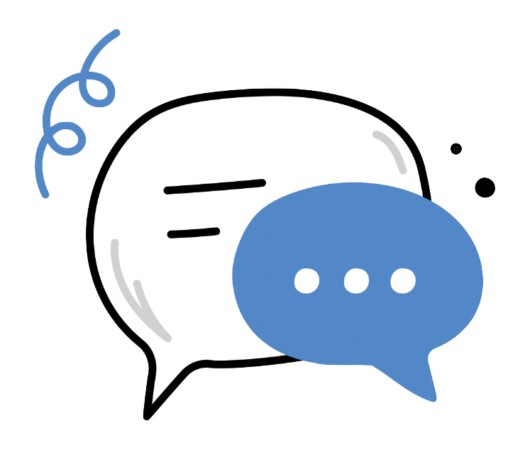 A large white speech bubble outline layered with a smaller solid blue speech bubble containing three dots.