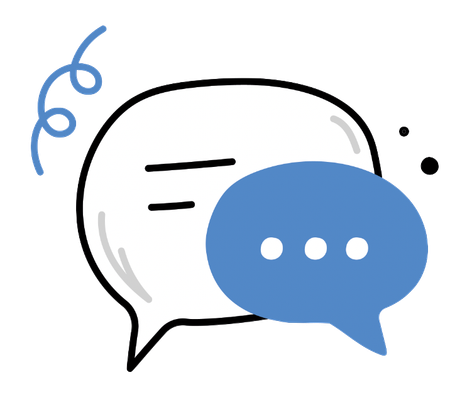 A large white speech bubble outline layered with a smaller solid blue speech bubble containing three dots.