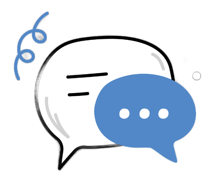 A white, hand-drawn speech bubble containing two black lines, with a blue, three-dot chat icon and a blue swirl above it.