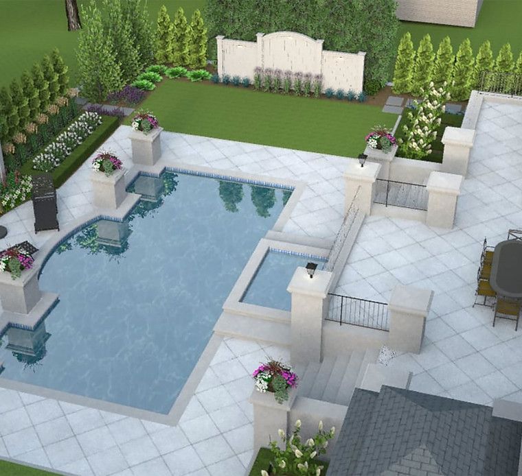 An aerial view of a backyard with a large swimming pool