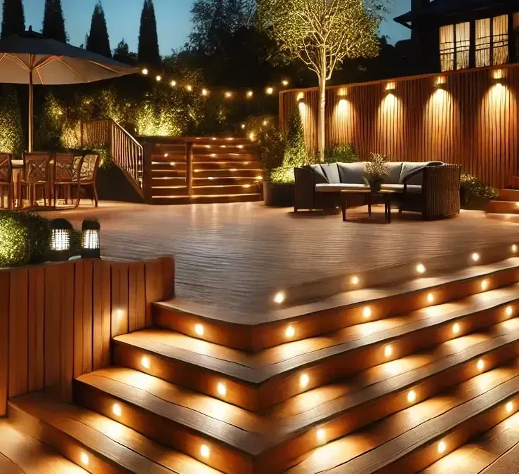 A wooden deck with stairs leading up to it is lit up at night