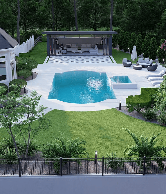 An aerial view of a backyard with a large swimming pool