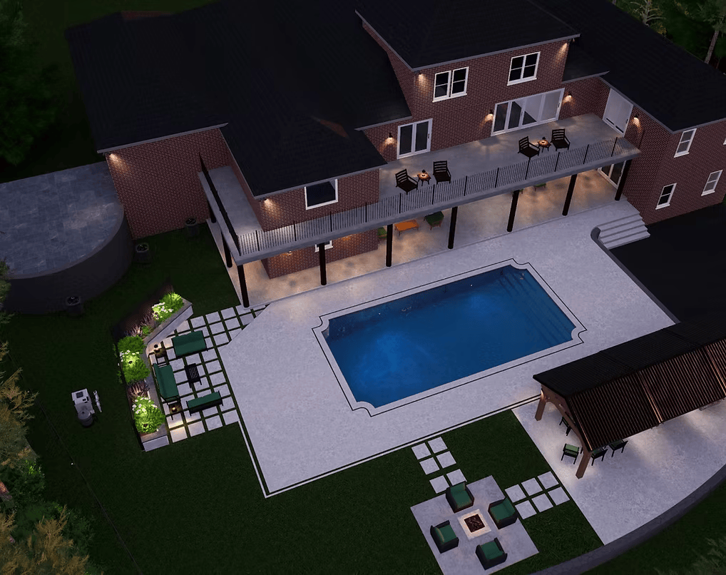 An aerial view of a house with a large swimming pool