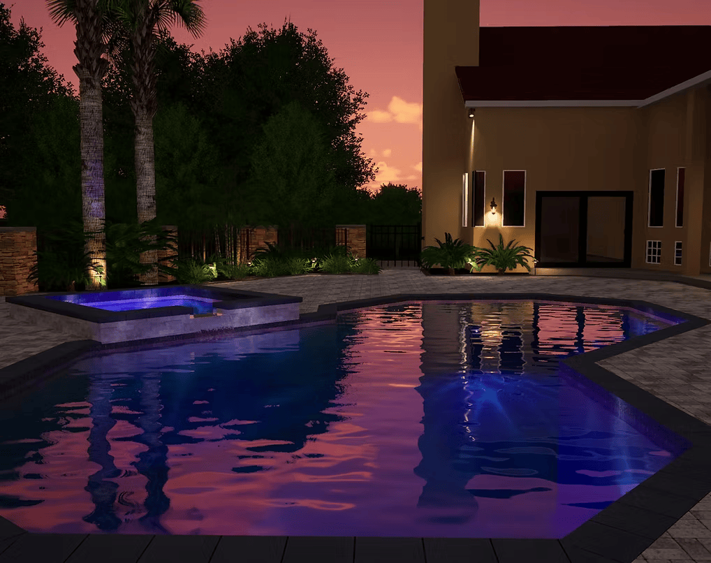 A large swimming pool is lit up at night with purple lights