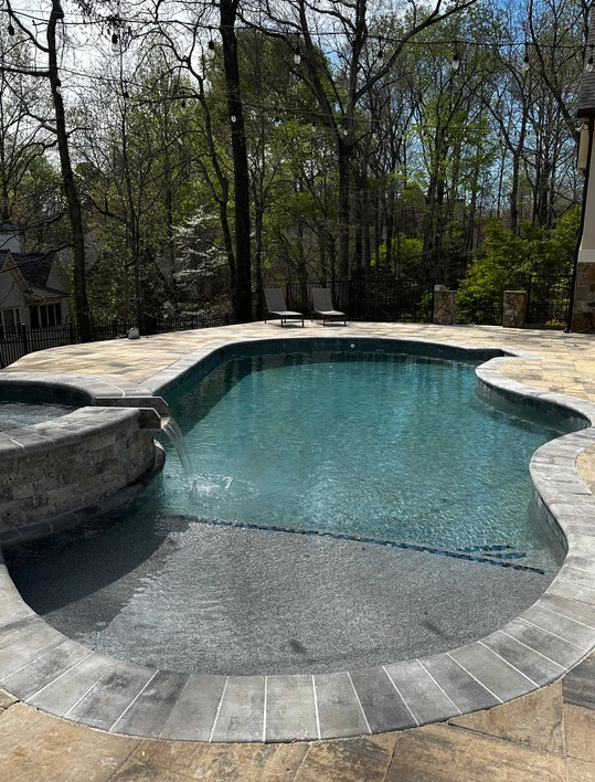 A large swimming pool surrounded by trees in a backyard.