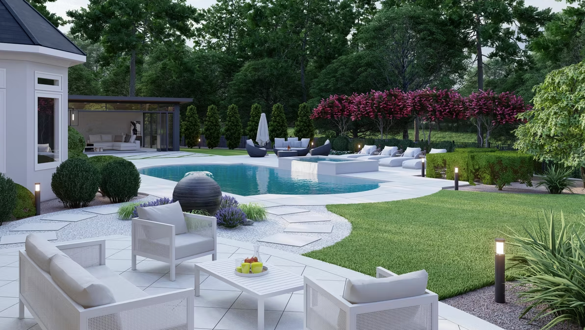 There is a large swimming pool in the backyard of a house.