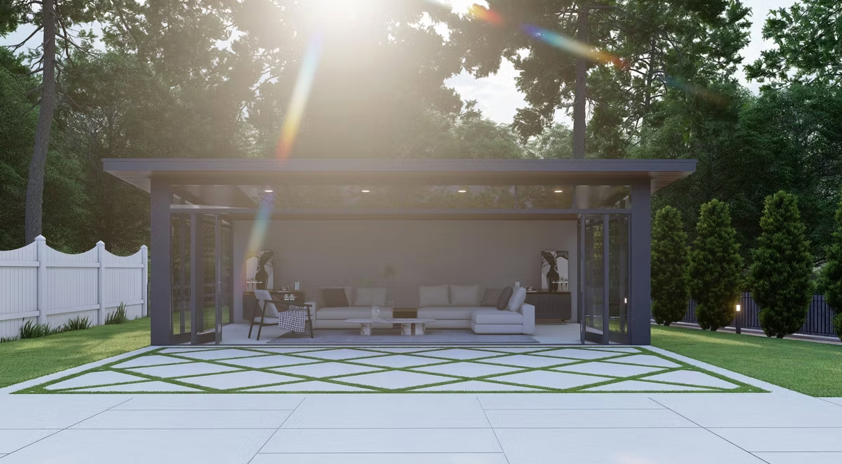 A 3d rendering of a modern patio with a pergola and a swimming pool.