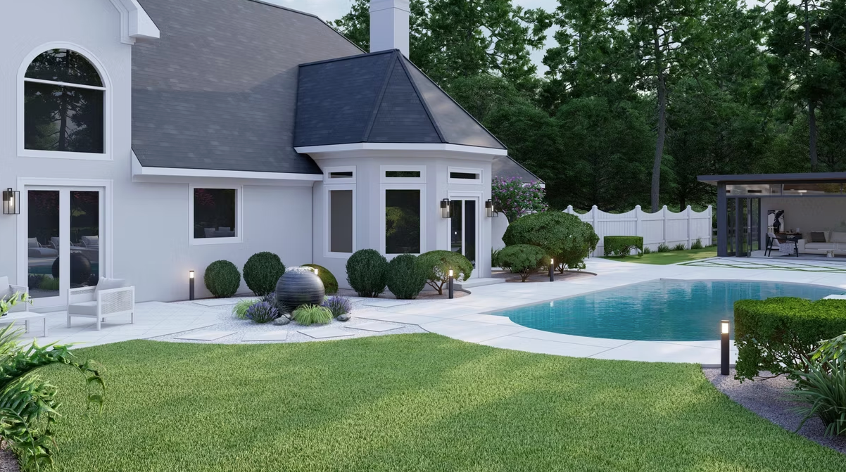 A white house with a large swimming pool in the backyard.