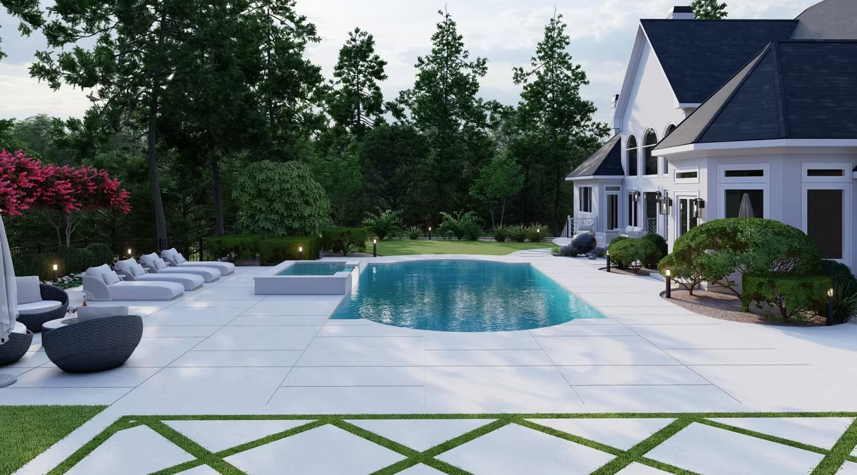 There is a large swimming pool in the backyard of a house.