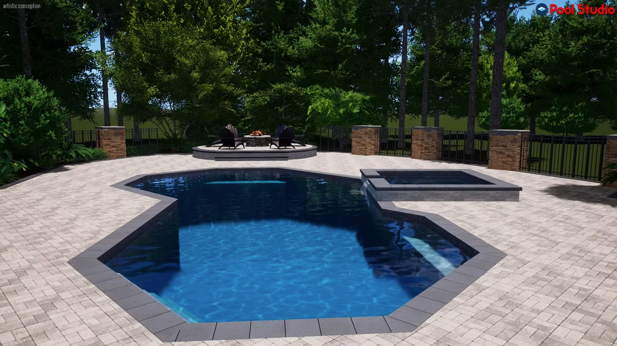 A large swimming pool is surrounded by a brick patio and trees.
