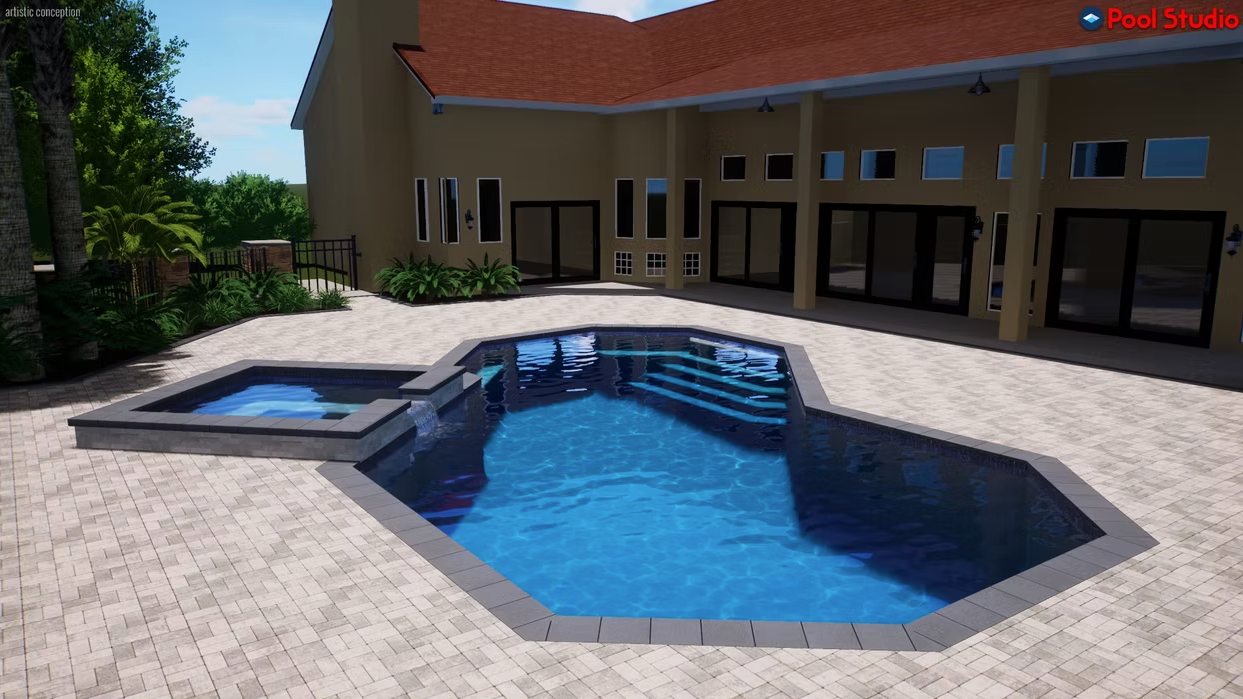 A large house with a large swimming pool in front of it