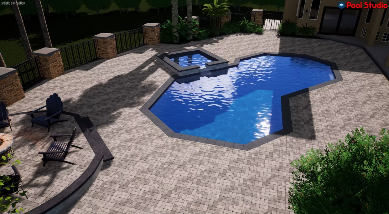 An aerial view of a large swimming pool in a backyard.