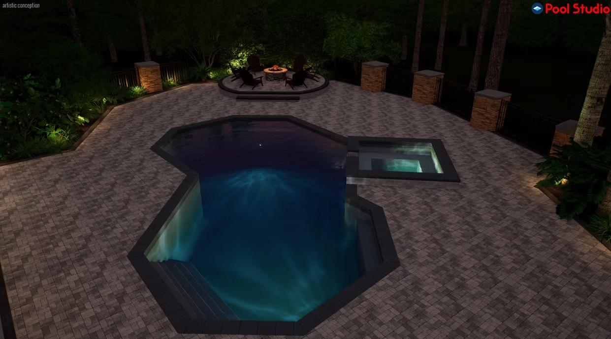A large swimming pool is surrounded by trees and a fire pit at night.