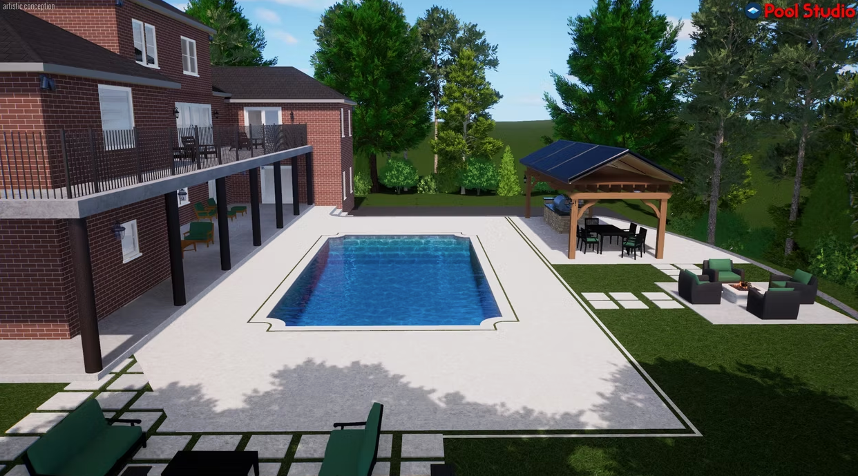 A rendering of a backyard with a large swimming pool and a gazebo.