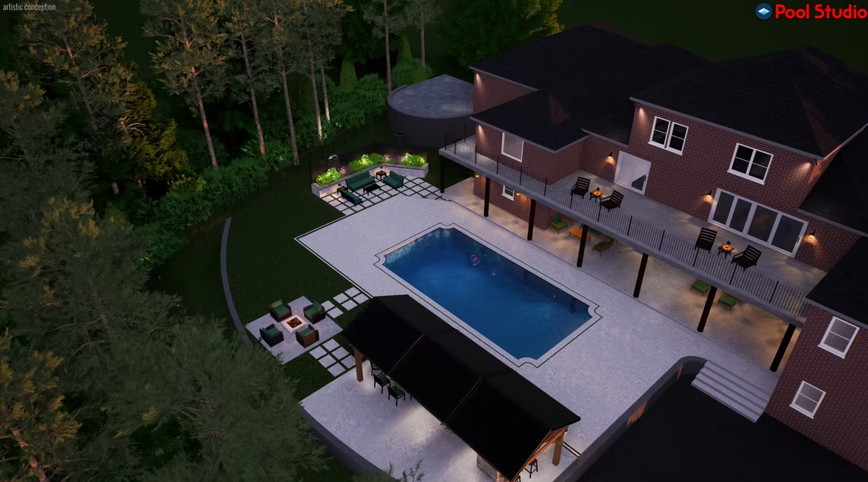 An aerial view of a large house with a large pool in the backyard.