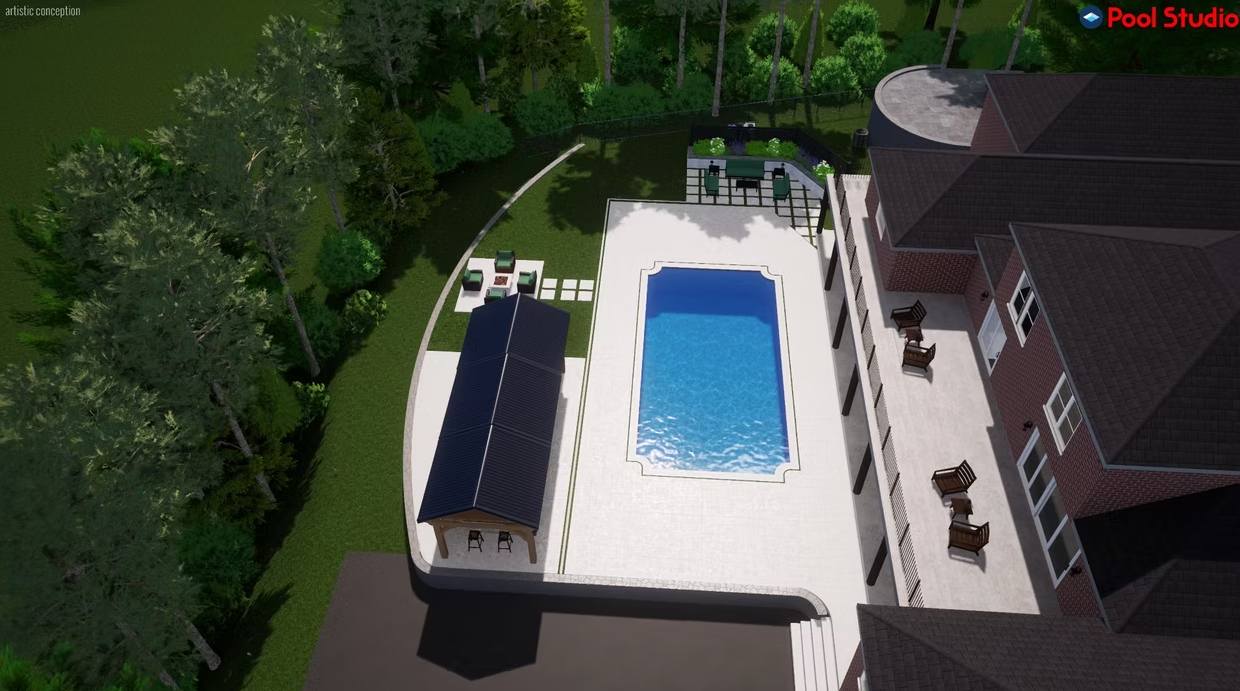 An aerial view of a large house with a large swimming pool in the backyard.