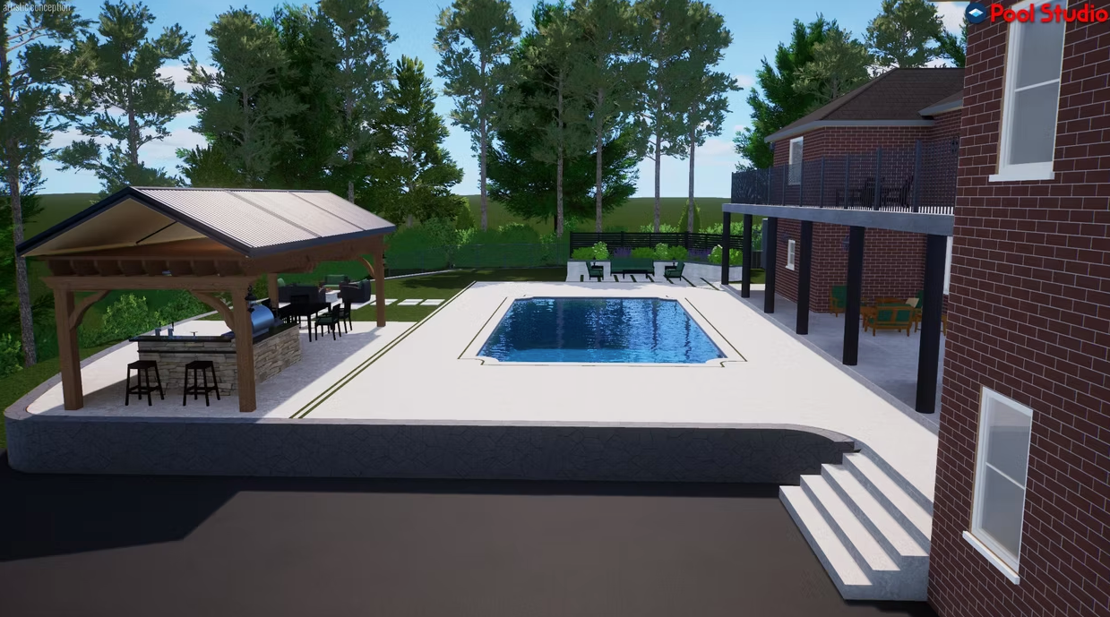 A computer generated image of a backyard with a large swimming pool and a gazebo.