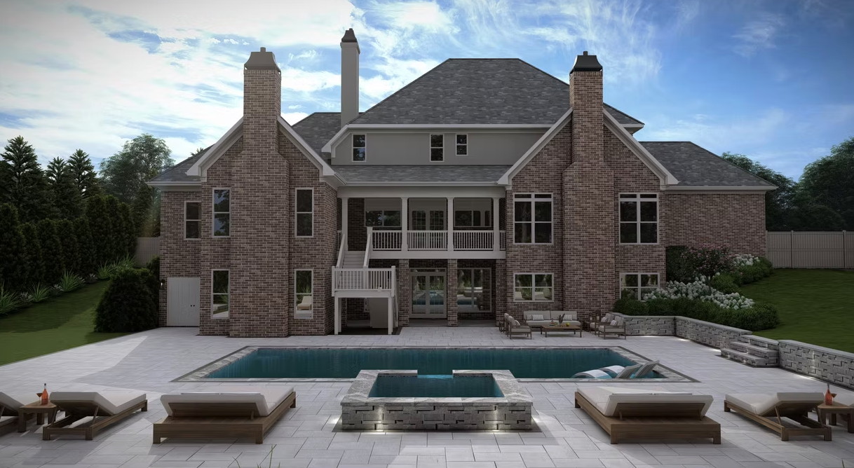 A large brick house with a large swimming pool in the backyard.