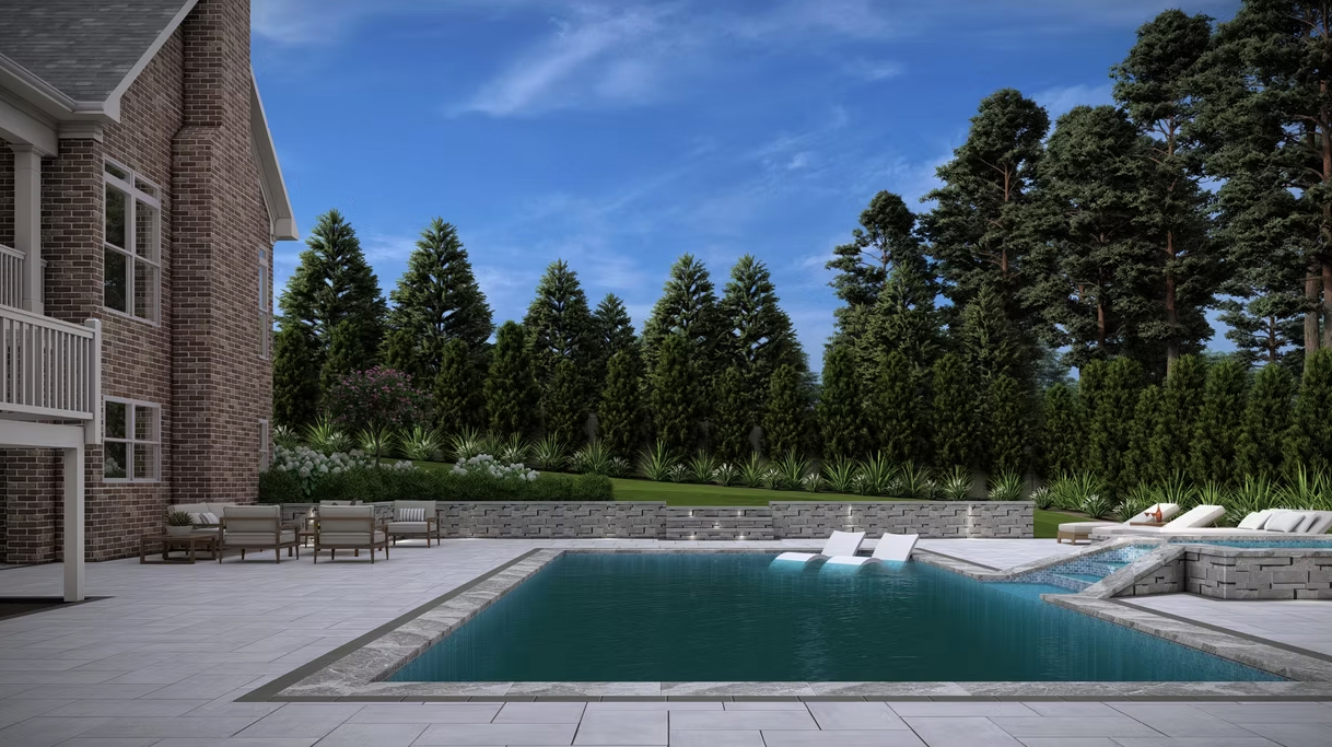 There is a large swimming pool in the backyard of a house.