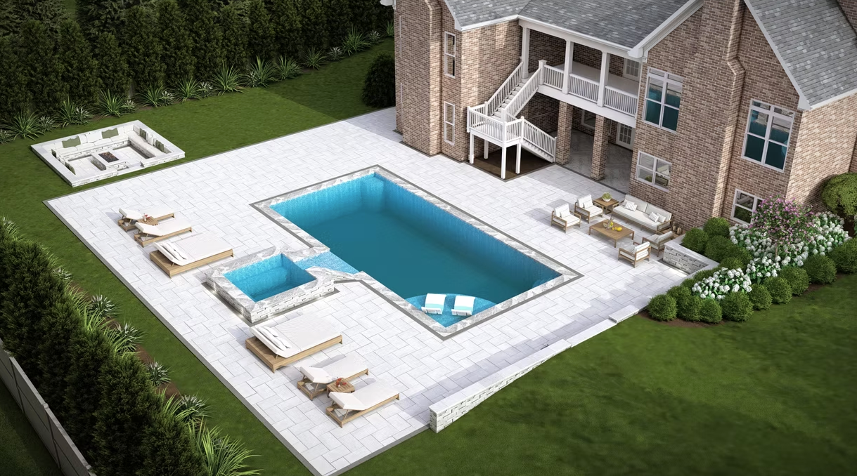 An aerial view of a large house with a large swimming pool in the backyard.