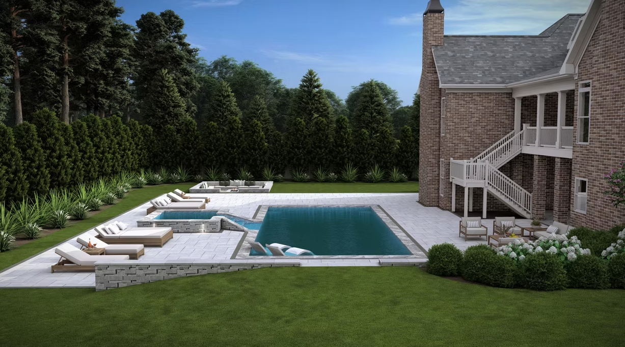 A large brick house with a large swimming pool in the backyard.
