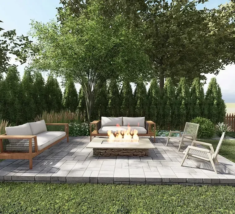 A patio with a fire pit and a couch and chairs