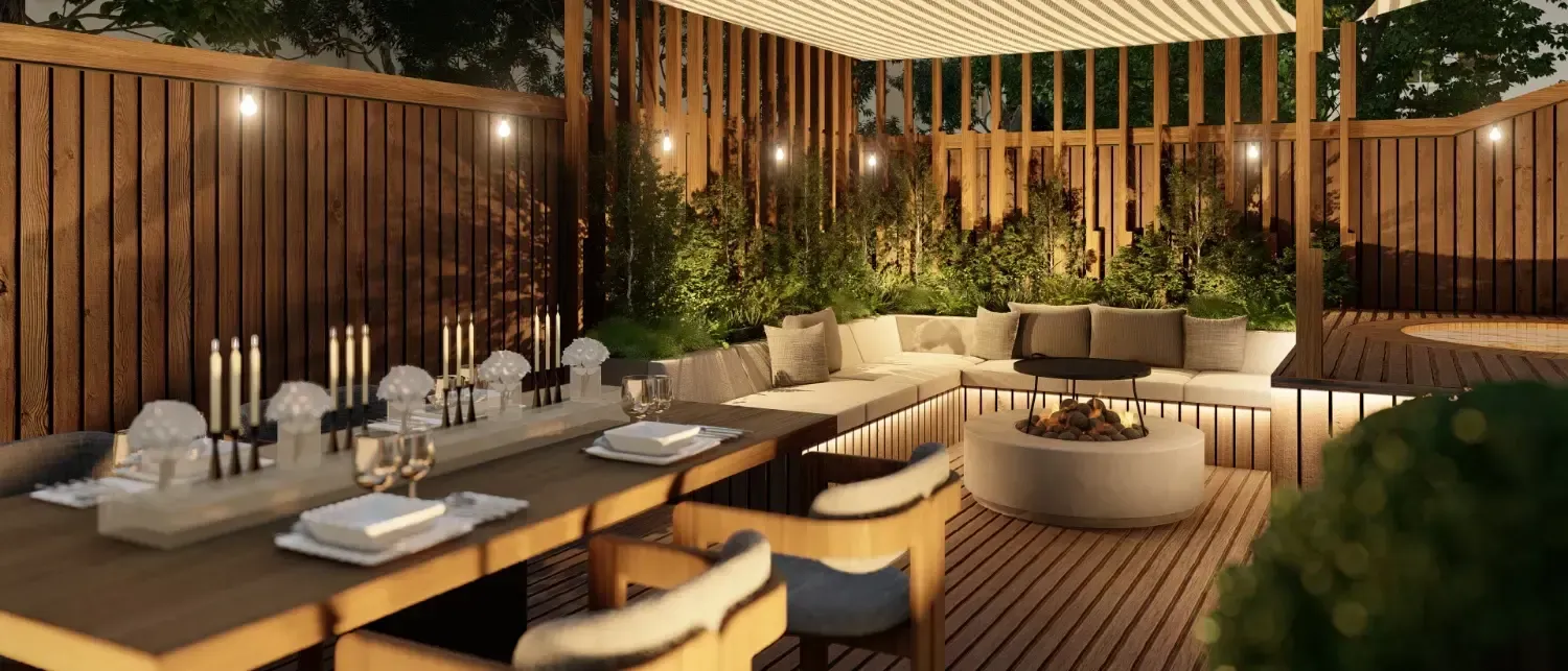 An artist 's impression of a patio with a dining table and chairs.