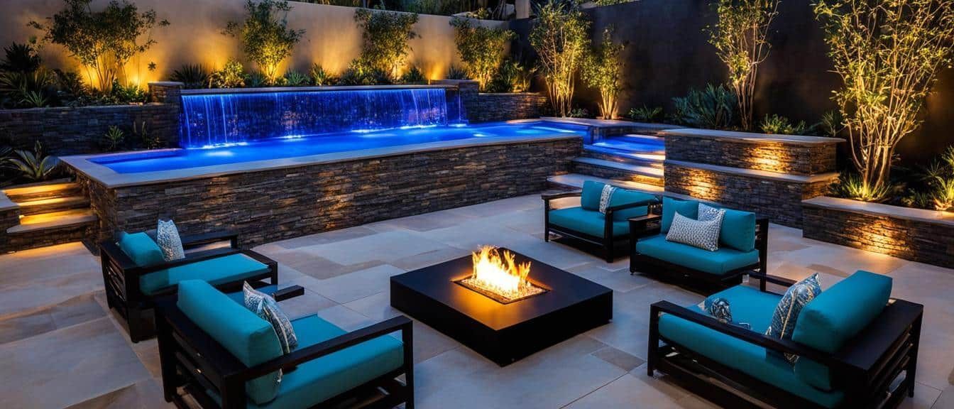There is a fire pit in the middle of the patio.