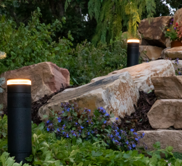 A garden with rocks and flowers and a few lights
