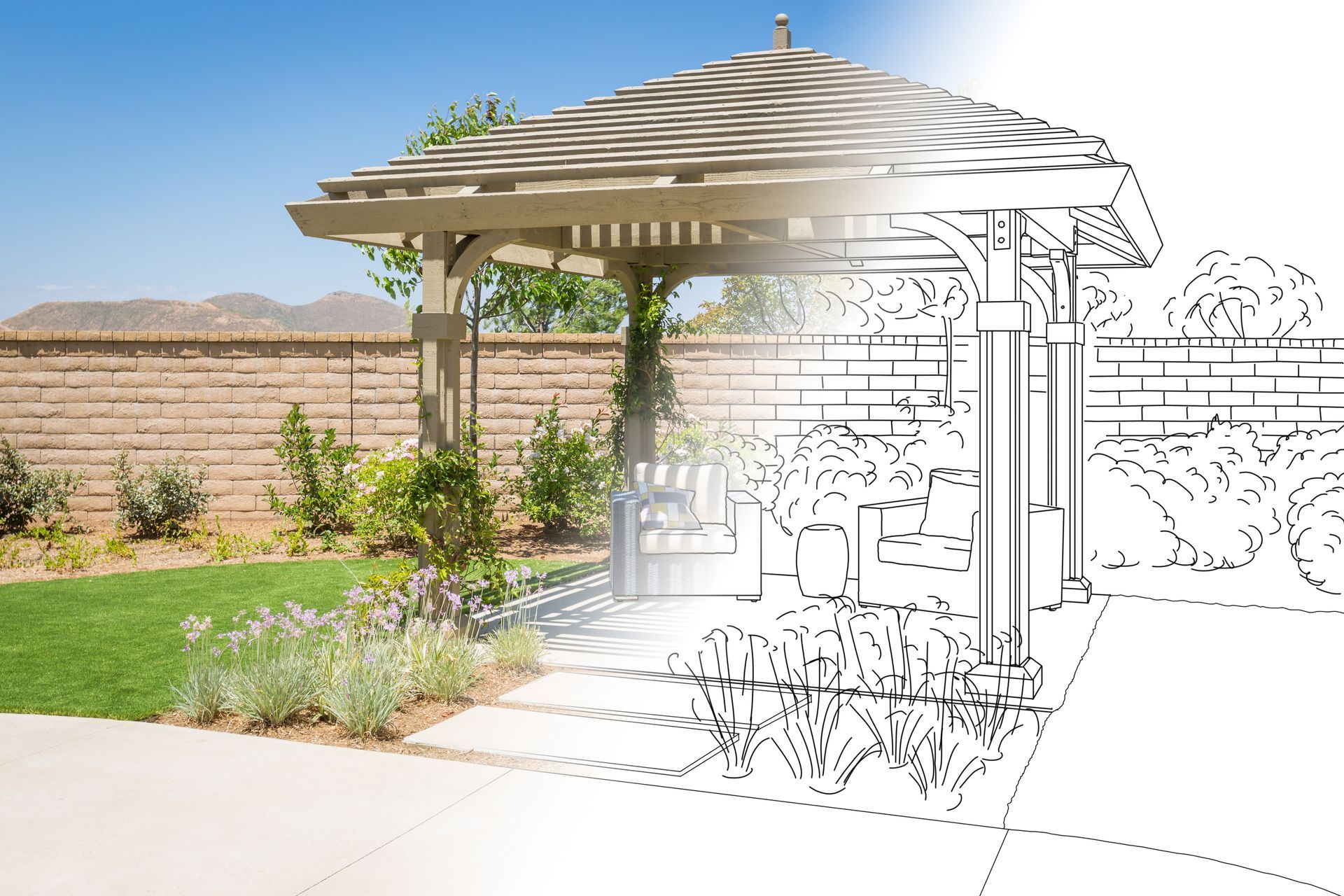 A drawing of a gazebo in a backyard next to a brick wall.