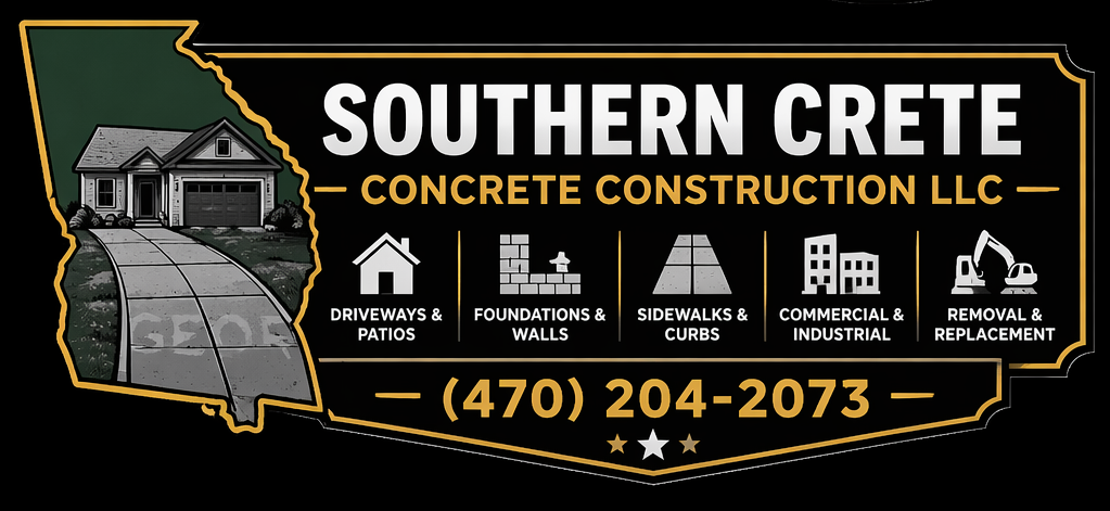 Southern Crete Concrete Construction LLC logo with map, house icons, and phone number (470) 204-2073